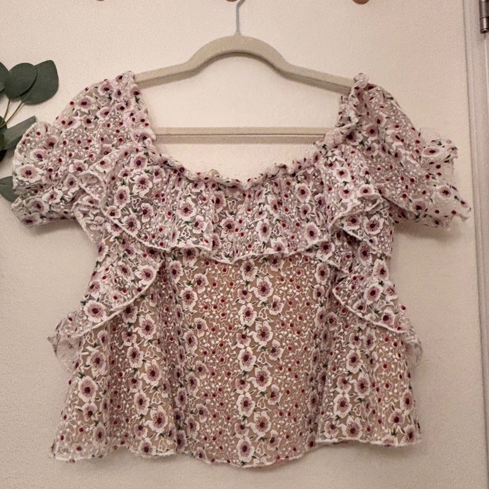 Tularosa Pink Floral Ruffle Off-Shoulder Blouse